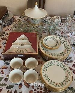 LENOX HOLIDAY LOT DINNER PLATES HOLLY & BERRIES Covered Tureen Salad Glasses