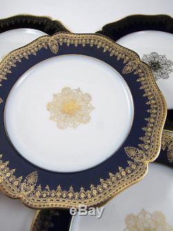 Limoges France Guerin Set 12 Dinner Plates Cobalt Blue Gold Antique Porcelain