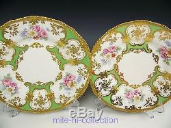 Limoges France Rose Floral In Gold Green Panels Set Of 12 Cabinet Dinner Plates