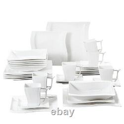 MALACASA Flora 30-Piece Porcelain Dinnerware Set Wave-shaped Plates Cups Saucers
