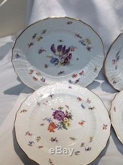 Meissen Set 6 Dinner Plates Flowers Insects Basket weave 19th century STUNNING