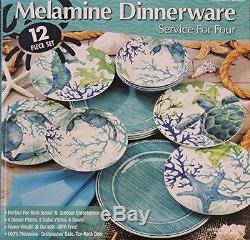 Melamine Blue/Green Sea Life 12-Piece Dinnerware Set 4 Dinner Plates 4 Salad