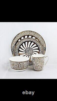 Modern Golden Leopard Round Dinnerware Set 16 Pieces, Fine Bone China