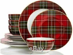 NEW IN BOX 222 Fifth Set of 12 Wexford Red Plaid (Bowls, Salad, Dinner Plates)