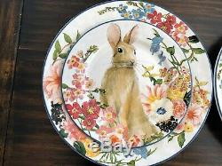 NEW Pottery Barn FLORAL RIM Dinner + FLORAL BUNNY Salad Plates SET OF 8 Easter