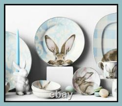 NEW RARE Set of 4 William Sonoma Damask Bunny Dinner Plates 10.5 Porcelain