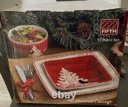 NIB 222 Fifth 12 Pc. Northwood Cottage Christmas Dinner Salad Plates Bowls Set
