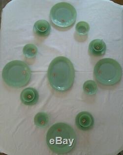 NOS sticker Fire King Jadeite 17 piece set 4 ea dinner plates/bowls/cups/saucers
