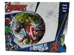 New Marvel Avengers 3pc Blue Kids Ceramic Bowl Plate Mug Dinner Or Lunch Set