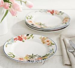 New! Set 4 Pottery Barn FLORAL RIM BUNNY Dinner Plates. Easter. FAST SHIP