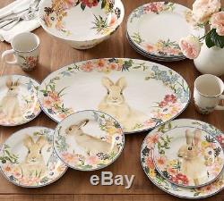 New! Set 4 Pottery Barn FLORAL RIM BUNNY Dinner Plates. Easter. FAST SHIP