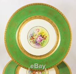 Pickard Set 11 Dinner Plates Hand Painted Heinrich Gold Encrusted Green Flowers
