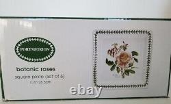Portmeirion Botanic Roses Square Dinner Plate 10.5 Set of 6, New in Boxed