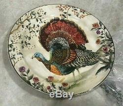 Pottery Barn set 4 Botanical Harvest TURKEY dinner plates holiday Thanksgiving