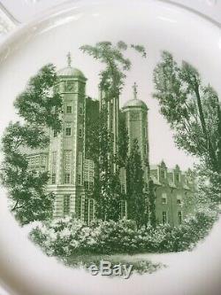 RARE Set Of 12 Wedgwood Wellesley College Green & White Dinner Plates Dated 1932