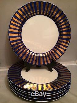 RARE Vintage 1977 Fitz & Floyd Set of 6 Dinner Plates Blue & Gold Tutankhamun