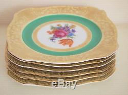 Rare PT Bavaria Tirschenreuth Floral Gilded Square Dinner Plates set of 6 c. 1930