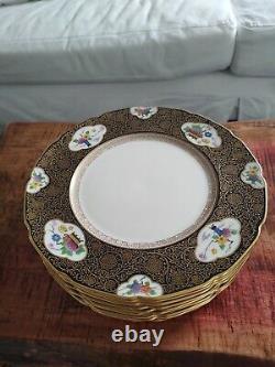 Rare Set 12 Antique Lenox Dinner Plates Black Gold Floral