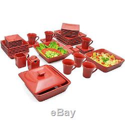 Red Dinnerware Set Square Kitchen Banquet 45 Piece Dinner Plates Cups Dishes