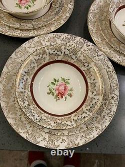 Royal Alma Rose 22 Kt Gold Bone China 6 dinner plates, 6 side plates, 6 bowls set
