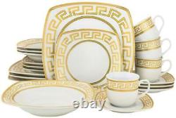 Royalty Porcelain 20-pc Square Dinner Set Greek Key, Bone China Porcelain