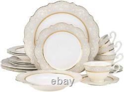 Royalty Porcelain 20pc'Always' White Gold Dinnerware Set, Bone China Porcelain