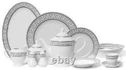 Royalty Porcelain 57-pc Dinner Set, Greek Key Pattern, Bone China (Silver)