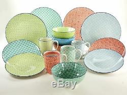 Rustic Stoneware Dinner Set 16 Pcs Multi Color Dinnerware Kitchen Bowls Plates