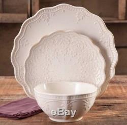 Rustic Vintage White Dinnerware Set of 24 Serves 8 Elegance Linen Dishes Plates