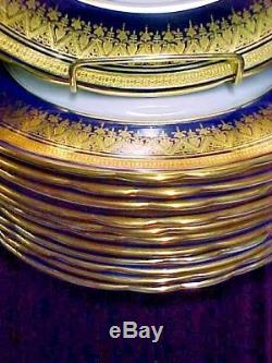 (SET OF 12) Aynsley China SIMCOE Cobalt Blue Gold 10.5 DINNER PLATE s EXCELLNT