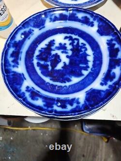 SET OF 5 Antique Flow Blue White 9.75 Dinner Plates The Temple 1834-1859