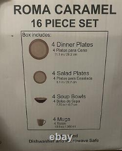 Sango Roma Caramel Dinnerware Stoneware 16 Piece Set Plates Bowls Mugs Kitchen