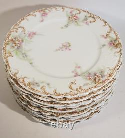Set 10 Theodore Haviland Limoges Dinner Plates Pink w White Daisy Gilt Rims