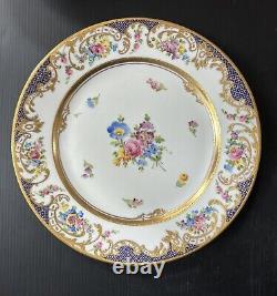 Set 11 Antique/VTG Dresden Dinner Plates HP Floral Gold Encrusted 10 5/8D