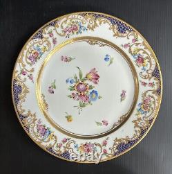 Set 11 Antique/VTG Dresden Dinner Plates HP Floral Gold Encrusted 10 5/8D