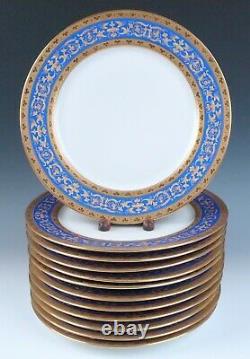 Set 12 Antique Limoges Blue & Raised Gold Birds 11 Dinner Plates Guerin French