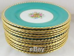 Set 12 Dinner Plates Hand Painted Signed Minton China S435 Floral Turquoise Gold