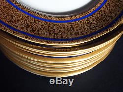 Set 12 Fine Hutschenreuther Raised Gold Encrusted Cobalt Dinner Luncheon Plates