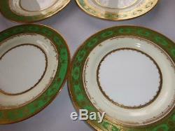 Set 12 Minton Bone China Green Gold Raised Encrusted Dinner Plates 10 1/2