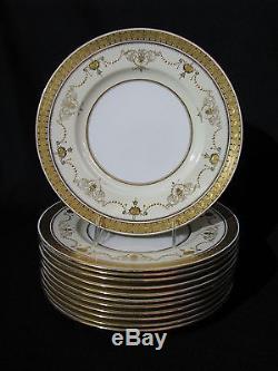 Set 12 Mintons White Porcelain 10.25 Dinner Plates Cream & Raised Gilt Border