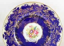Set 4 Hand Painted Dinner Plates Royal Worcester China Z1486 Cobalt Gold Flower