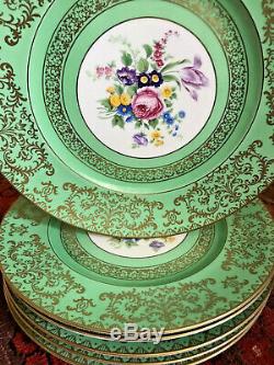 Set 6 Antique Hutschenreuther Green Hand Paint Floral Gilt Dinner Plates 10.75