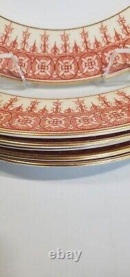 Set 6 Antique Royal Worcester Dinner Plates Orange Red Fleur De Lis Gilt W2302