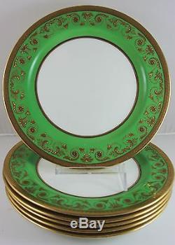 Set 6 Dinner Plates Antique Royal Cauldon China L4334 Raised Gold Paste Green
