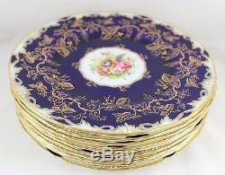Set 6 Hand Painted Dinner Plates Royal Worcester China Z1486 Cobalt Gold Flower