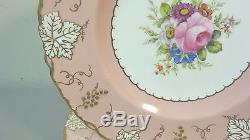 Set/6 Royal Crown Derby Porcelain Vine Pink Bouquet 10 3/8 Dinner Plates