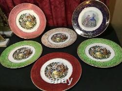 Set 6 Similar Vintage 23 Kt Gold Trimmed Porcelain Dinner Plates Scenic Centers