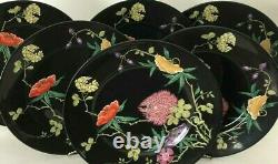 Set 6 Vintage Raynaud Limoges Dioranoir by Ceralene Black Floral Dinner Plates