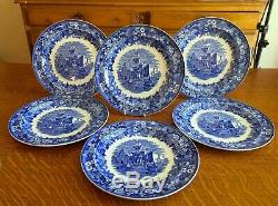 Set 6 Wedgwood Ferrara Blue And White 10 Dinner Plates Ship Scene England