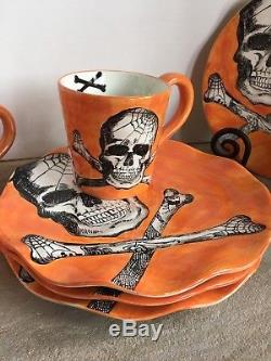 Set 8 Maxcera Orange Halloween SKULL & BONES Dinner Plate + Mug Combo NEW